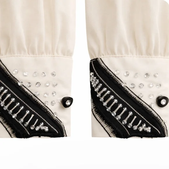 Bianca | Vintage Ivory Black Embellished Frill Blouse - Picture 6 of 8